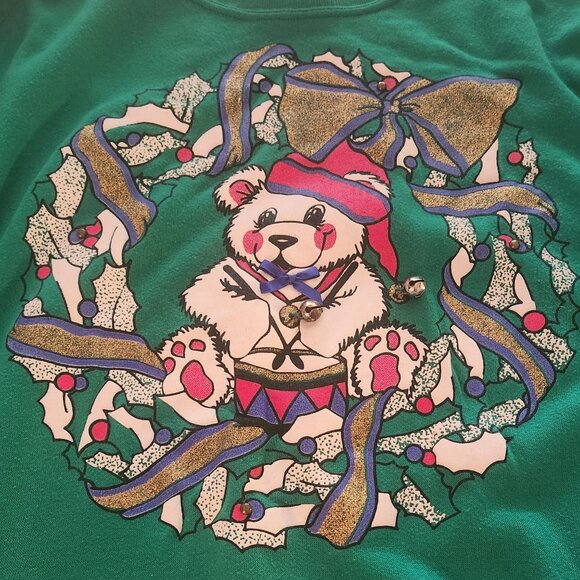 Vintage Christmas Sweater With Teddy Bear Wreath Functional Bells Size Medium - Picture 3 of 8